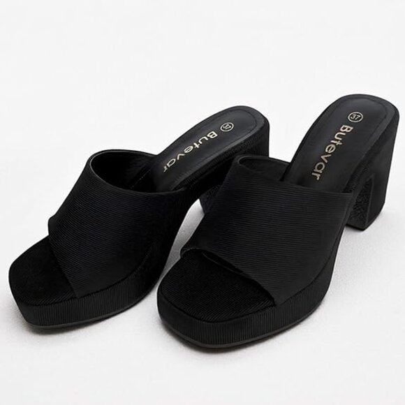 Women's Square Toe Heels Chunky Comfort High Heeled Slip On Sandals - Picture 5 of 6